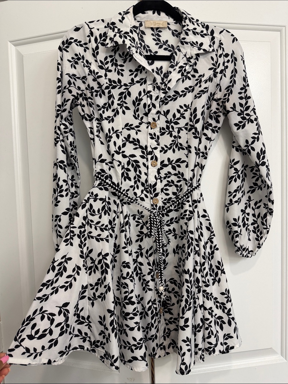 Black & White Leaf Print Shirt Dress with Rope Belt